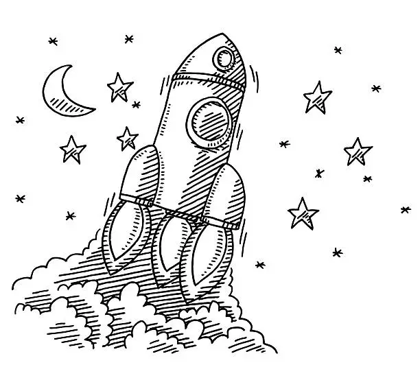 Vector illustration of Ascending Rocket Spaceship Drawing
