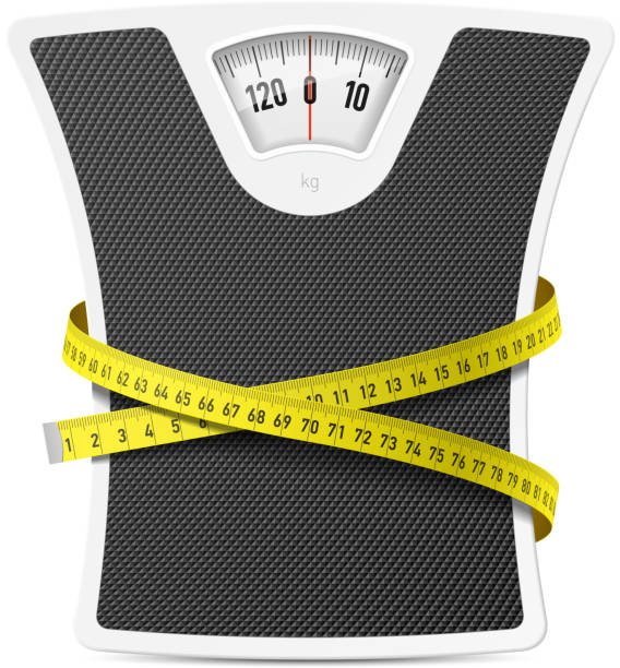 Bathroom scale with measuring tape Vector illustration with transparent effect. Eps10. weight loss stock illustrations