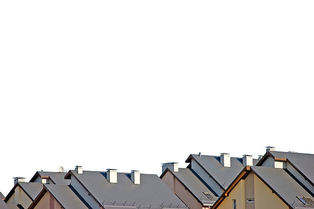 Rowhouse roofs panorama, isolated detailed condo rooftop panoramic, grey, beige