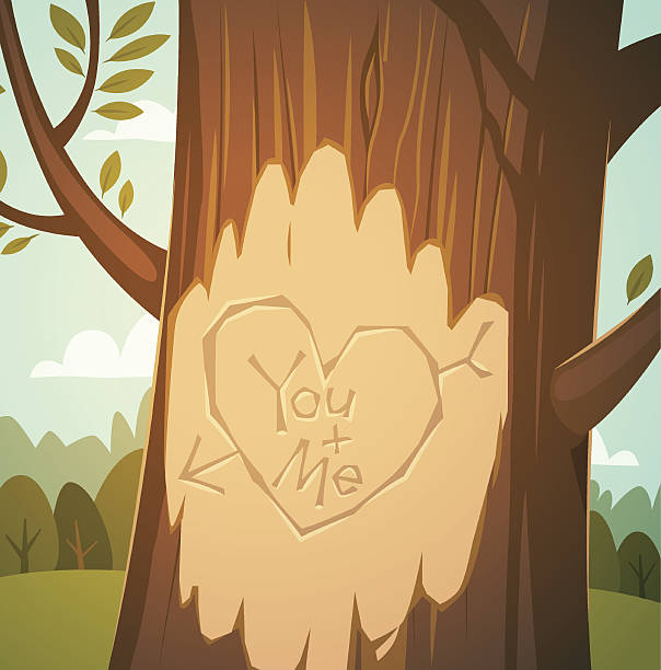 ilustrações, clipart, desenhos animados e ícones de coração em uma árvore esculpida - entalhe