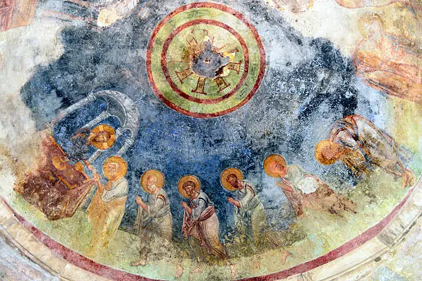 Old fresco on the wall of St Nicholas church, Demre. Antalya. Turkey.