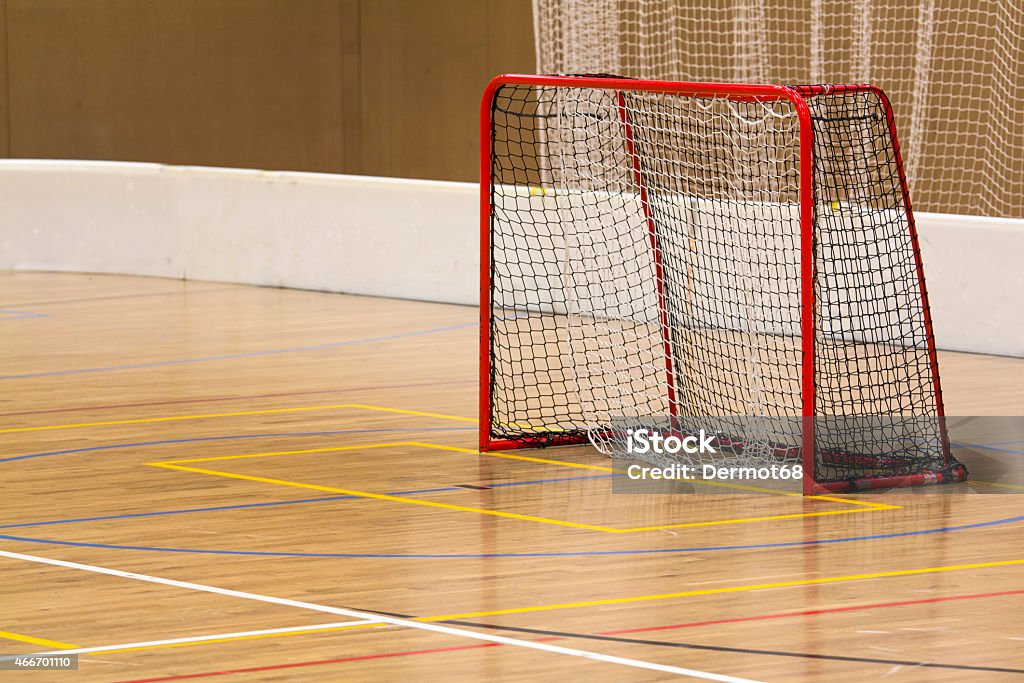 Floorball indoor gate Photo shows a closeup of floorball gate in the sport hall. Flooring Stock Photo