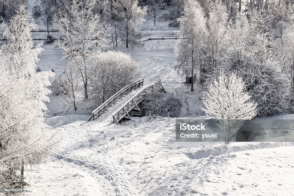 wooden bridge from above Snowy, wooden bridge in a winter day. View from above. 2015 Stock Photo