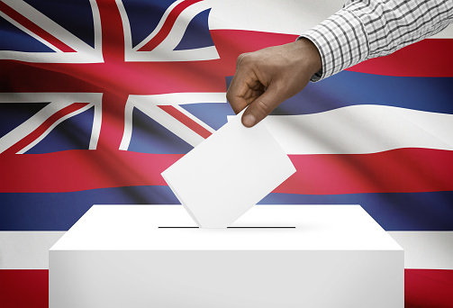 Voting concept - Ballot box with US state flag on background - Hawaii