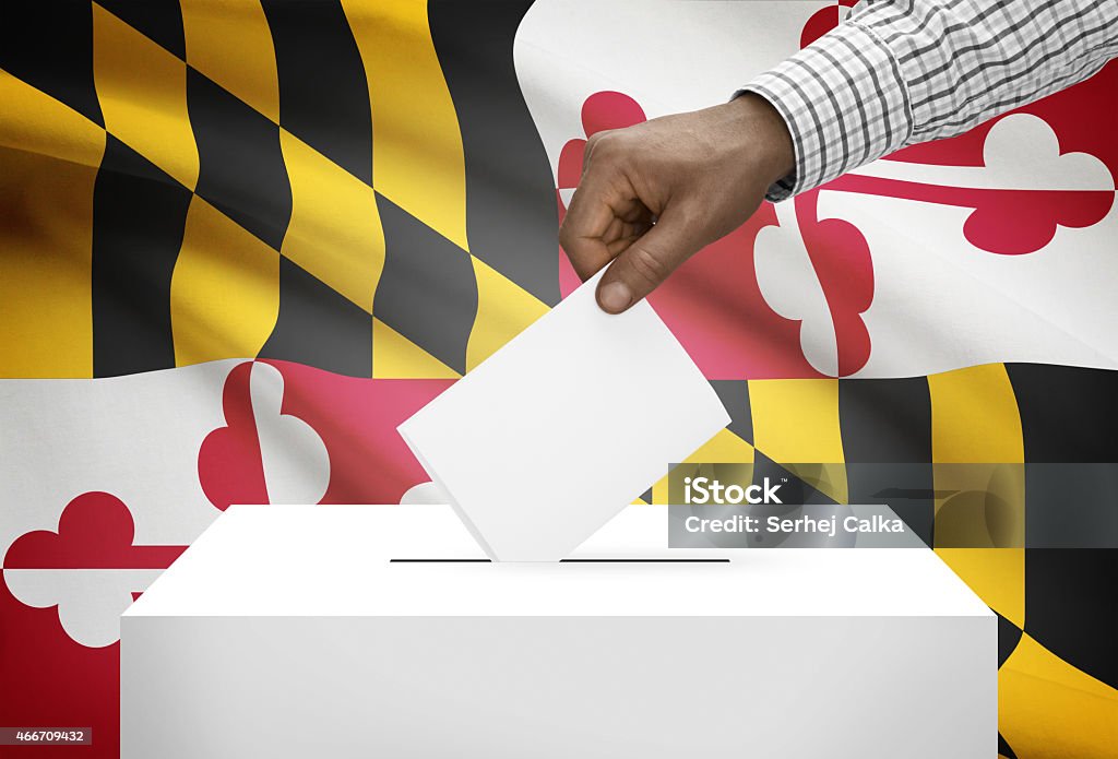 Ballot box with US state flag on background - Maryland Voting concept - Ballot box with US state flag on background - Maryland Maryland - US State Stock Photo