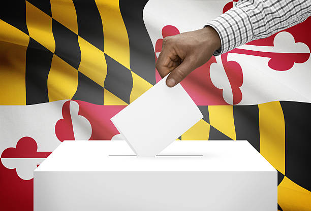 Ballot box with US state flag on background - Maryland stock photo