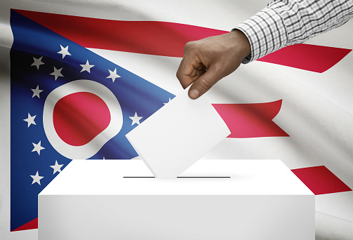 Voting concept - Ballot box with US state flag on background - Ohio