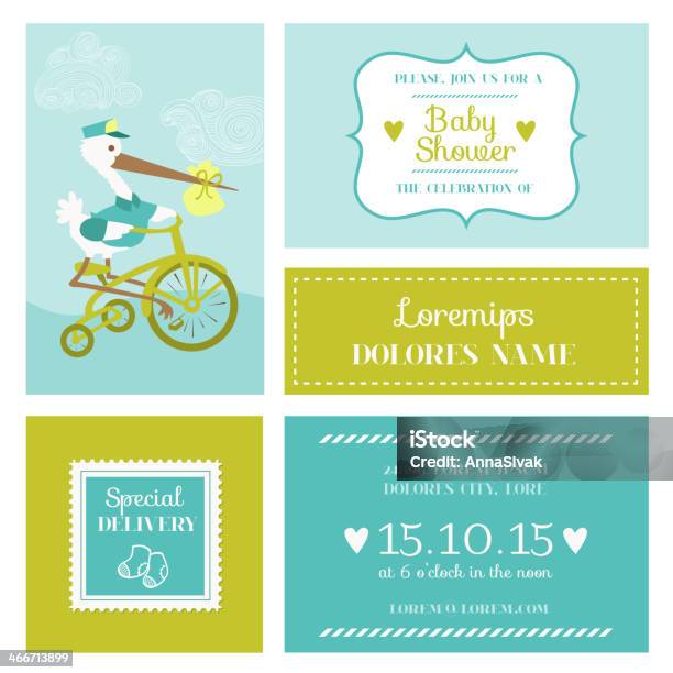 Baby Shower Or Arrival Card With Stork Stock Illustration - Download Image Now - Announcement Message, Childbirth, New Life