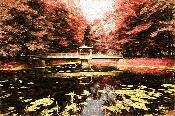 istock Canadian forest, pond, lake, bridge, red tone paint effect 466718496