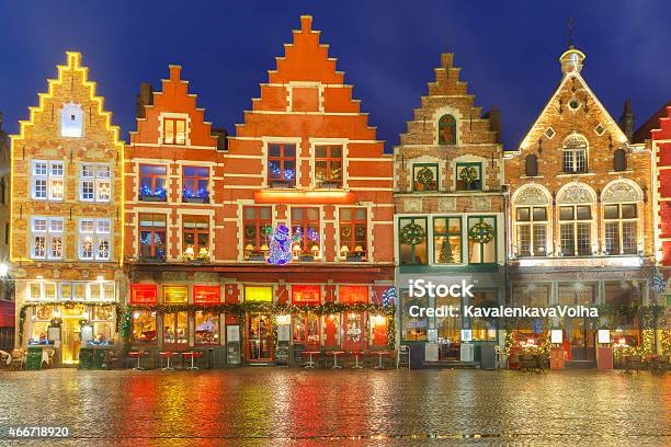 Christmas Old Market Square In The Center Of Bruges Belgium Stock Photo - Download Image Now