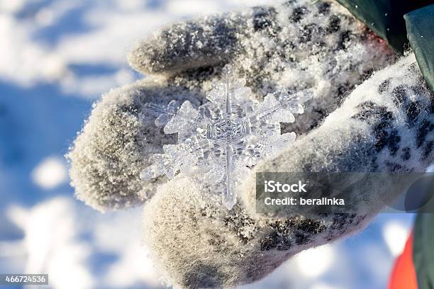 Big Snowflake In Hands On Dark Mittens On Winter Background Stock Photo - Download Image Now