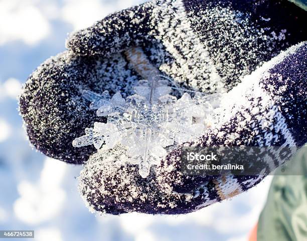 Big Snowflake In Hands On Dark Mittens On Winter Background Stock Photo - Download Image Now