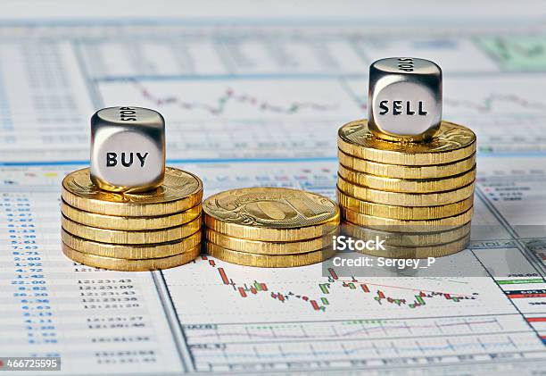 Financial Chart Coins And Dice Cubes Stock Photo - Download Image Now - Buy - Single Word, Buying, Selling