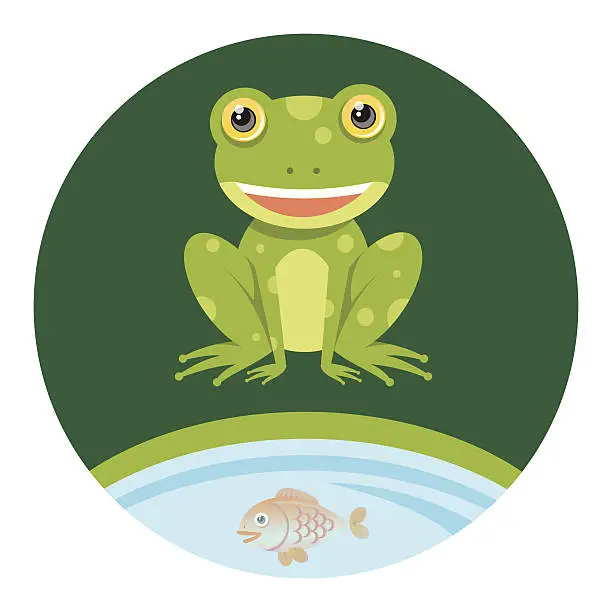 Vector illustration of Frog with fish near lake