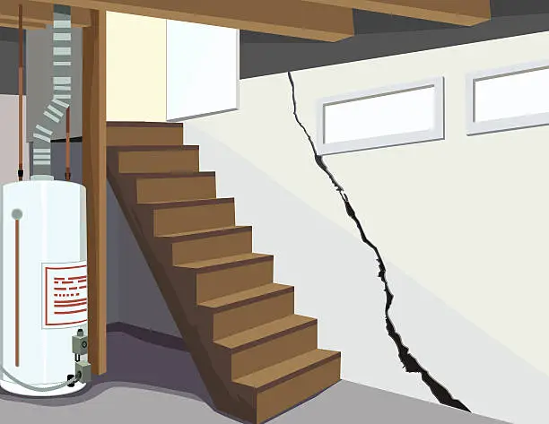 Vector illustration of Image of a basement water tank and cracked foundation