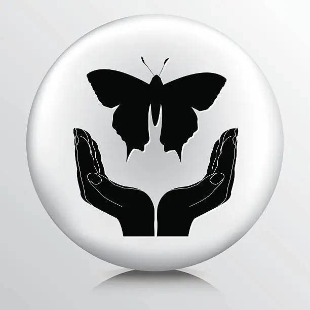 Vector illustration of Round Icon With Two Hands Cupping a Flying Butterfly Silhouette