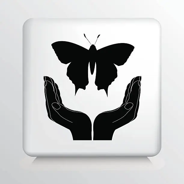 Vector illustration of Square Icon With Two Hands Cupping a Flying Butterfly Silhouette
