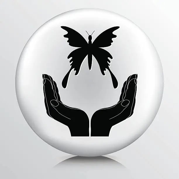 Vector illustration of Round Icon With Two Hands Cupping a Flying Butterfly Silhouette