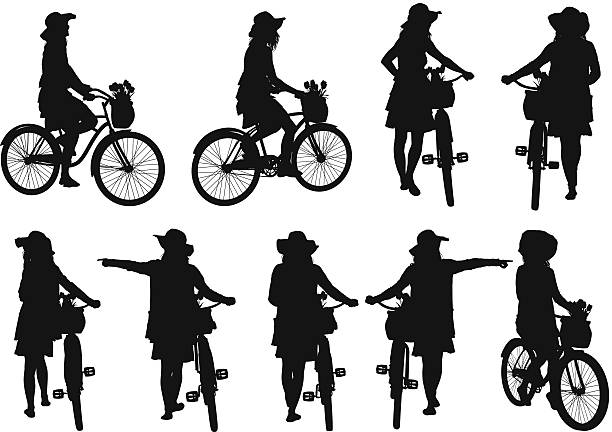 illustrazioni stock, clip art, cartoni animati e icone di tendenza di donna in bicicletta - woman with arms raised back view