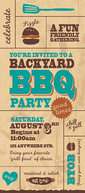 Vector illustration of a BBQ style invitation. Includes sample text and background texture.  