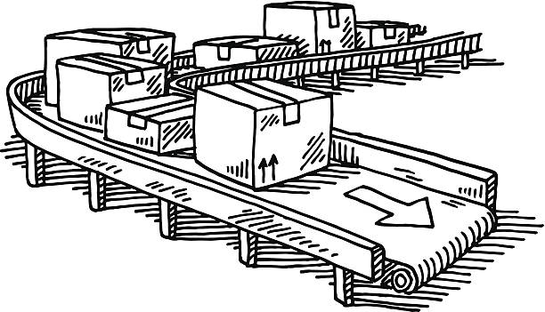 Packages Conveyor Belt Drawing Hand-drawn vector drawing of a Conveyor Belt with Packages. Black-and-White sketch on a transparent background (.eps-file). Included files are EPS (v10) and Hi-Res JPG. conveyor belt stock illustrations