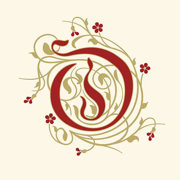 Vector illustration of Flourish, ornamental letter O (Initial) with ruby red flowers