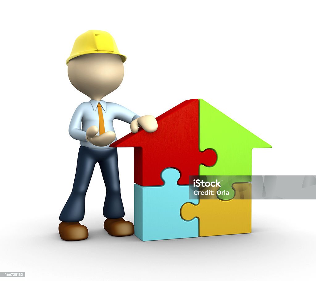 Puzzle 3d people - man, person with a house pieces of puzzle - jigsaw. Adult Stock Photo