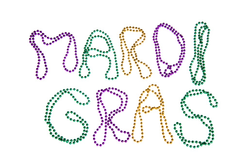 Colorful Mardi Gras beads text on white background
