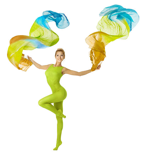 istock Woman dancing with flying colorful fabric, white background 466736031
