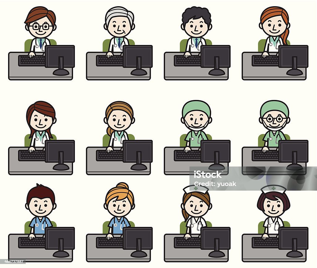 Health care workers working on computer Health care workers working on computer. Adult stock vector