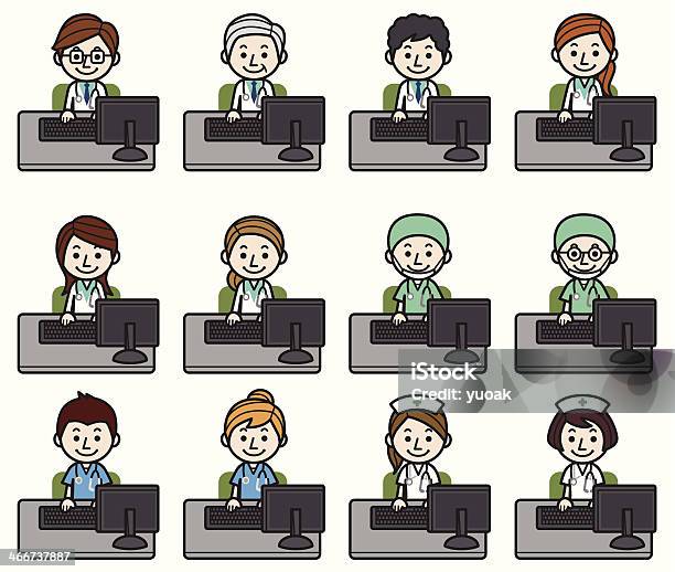 Health Care Workers Working On Computer Stock Illustration - Download Image Now - Adult, Advice, Assistance