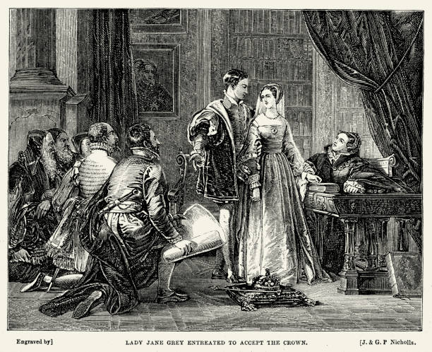 Lady Jane Grey entreated to accept the crown Vintage engraving of Lady Jane Grey being entreated to accept the crown. Lady Jane Grey, also known as Lady Jane Dudley or The Nine Day Queen, was an English noblewoman and de facto monarch of England from 10 July until 19 July 1553. lady jane grey stock illustrations