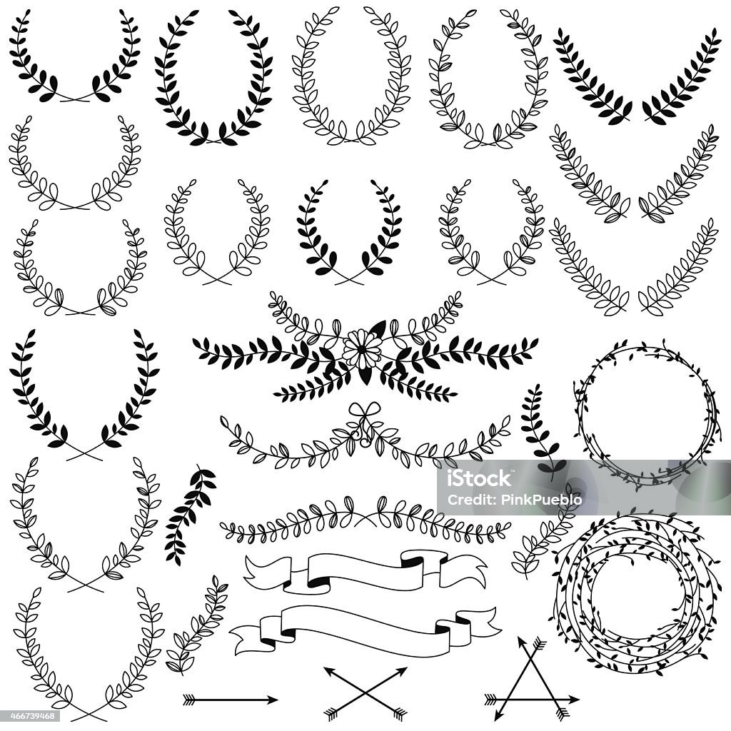 Vector Collection of Black Line Laurels, Floral Elements and Banners Vector Collection of Black Line Laurels, Floral Elements and Banners. No transparencies or gradients used. Large JPG included. Each element is individually grouped for easy editing. Laurel Wreath stock vector