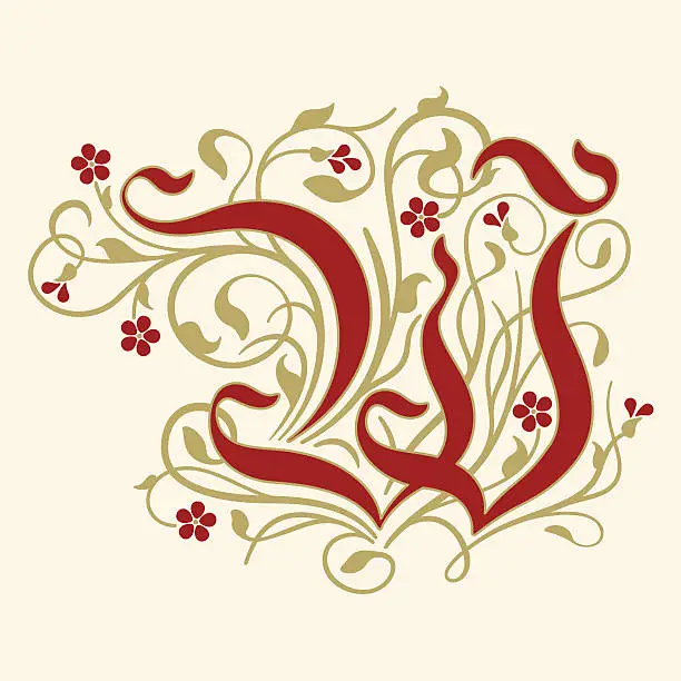 Vector illustration of Flourish, ornamental letter W (Initial) with ruby red flowers