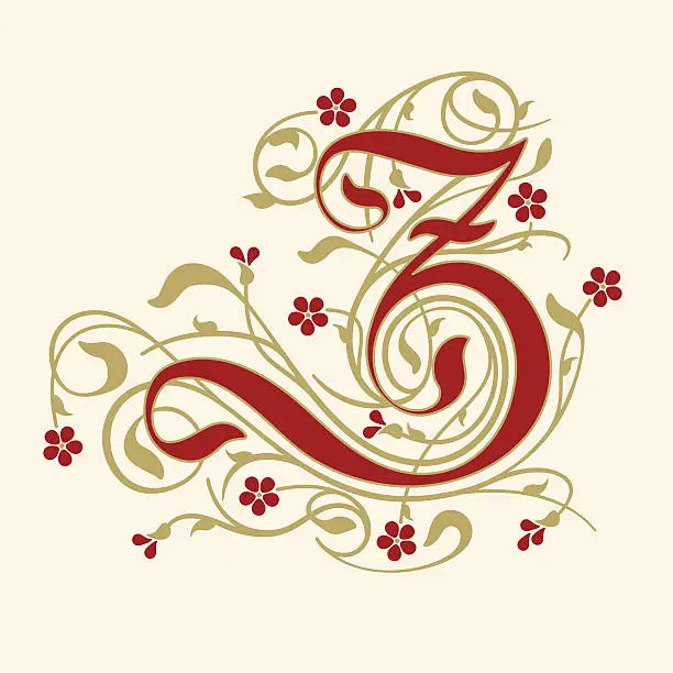 Vector illustration of Flourish, ornamental letter Z (Initial) with ruby red flowers