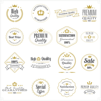 A set of premium and high quality product stamps with laurel wreaths on white background. Eps8.