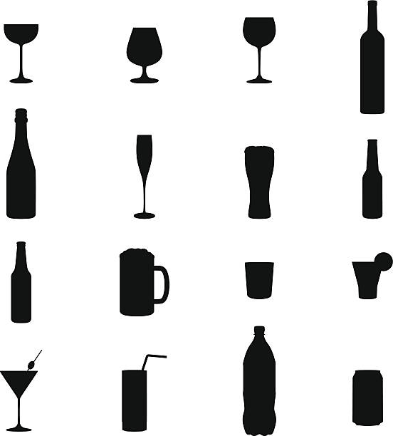 세트마다 16 음료 블랙 실루엣 벡터 일러스트 - wineglass cup soda vector stock illustrations