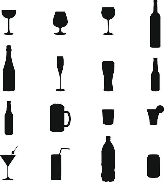 Vector illustration of Set Of Sixteen Drinks Black Silhouette Vector Illustrations