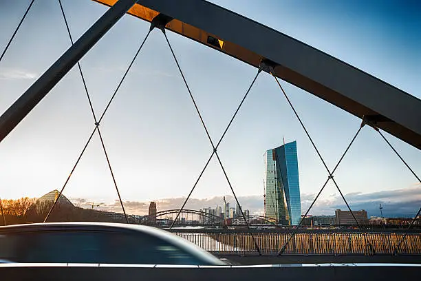 View at a bridge to the new European Central Bank and the skyline of Frankfurt.