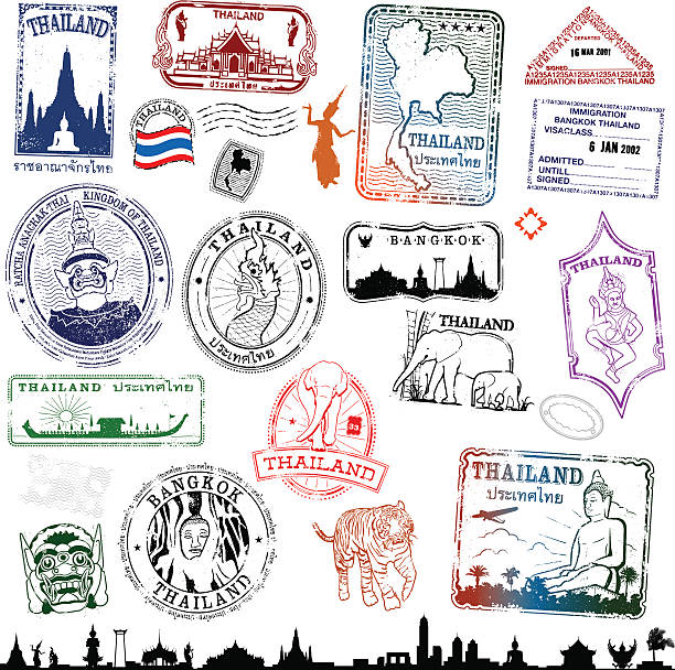 ilustraciones, imágenes clip art, dibujos animados e iconos de stock de tailandia sellos de viajes - thailand