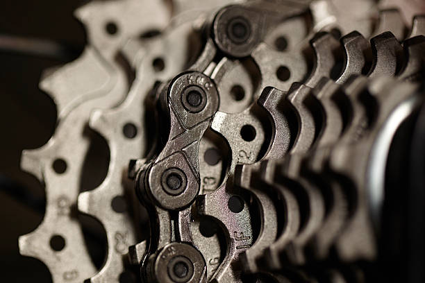 istock Close up of chainrings and chain on a bicycle. 466753391