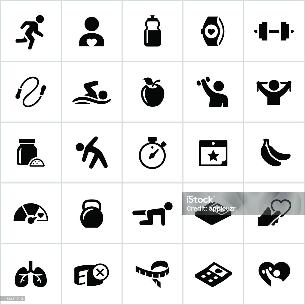 Black Fitness and Exercise Icons Fitness, exercise, healthy, workout, running, cardio, gym, symbols, icons. The icons can be used to symbolize fitness and healthy living. Icon Symbol stock vector