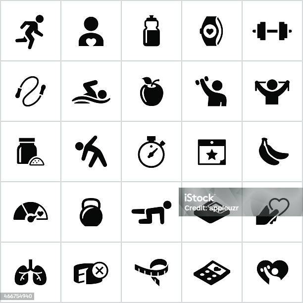 Black Fitness And Exercise Icons Stock Illustration - Download Image Now - Icon Symbol, Protein Drink, Kettlebell