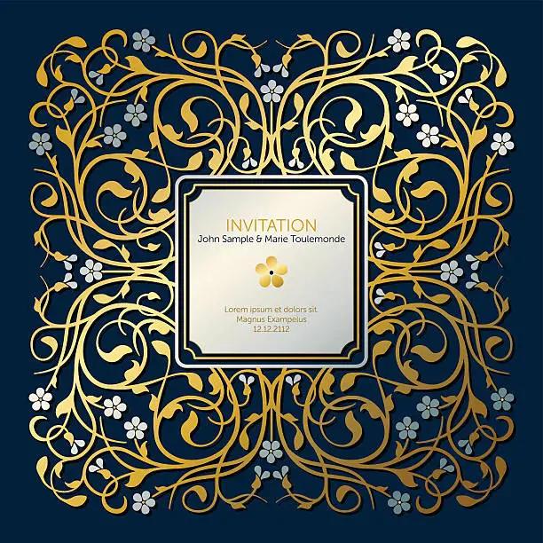 Vector illustration of Flourish, ornamental frame element in gold and silver (Invitation card)