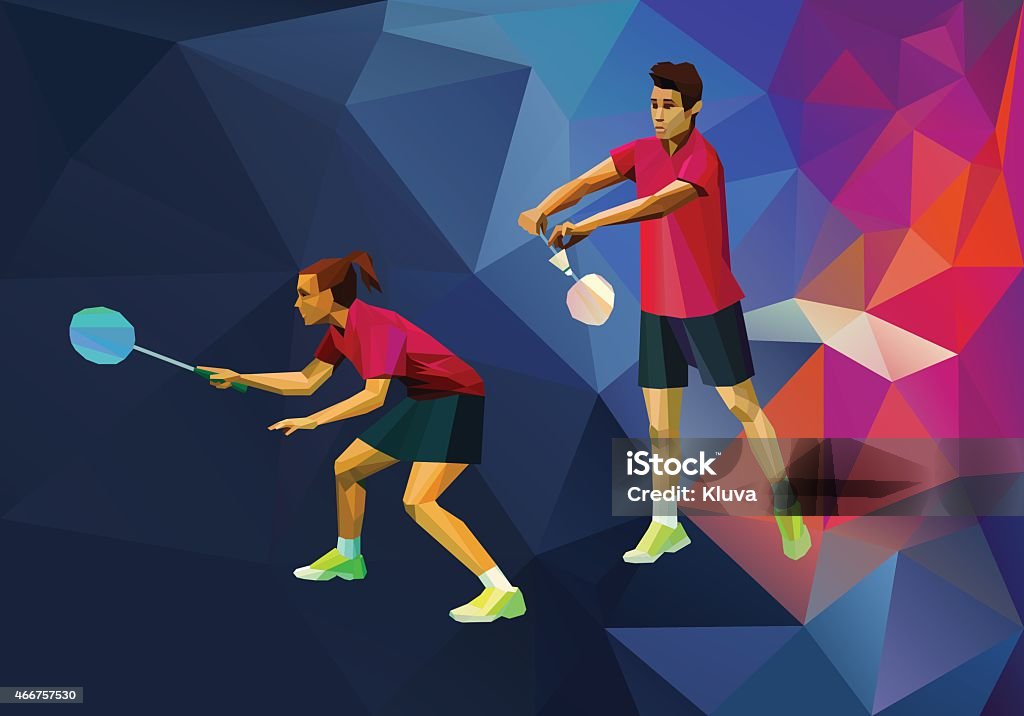 Badminton mixed doubles, badminton players Polygonal professional badminton players, mixed doubles on colorful low poly background doing smash shot with space for flyer, poster, web, leaflet, magazine. Vector illustration Badminton - Sport stock vector