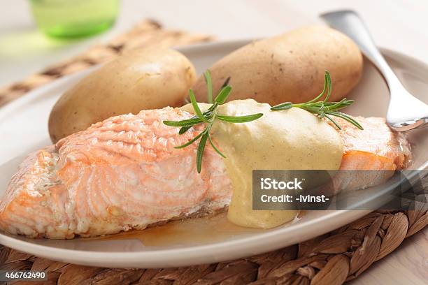 Salmon With Potato Stock Photo - Download Image Now - Salmon - Seafood, Mustard, Mustard Sauce