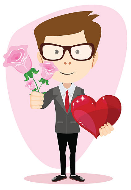 ilustrações de stock, clip art, desenhos animados e ícones de jovem segurando uma rosa e coração, ilustração vetorial - suit male beauty men businessman