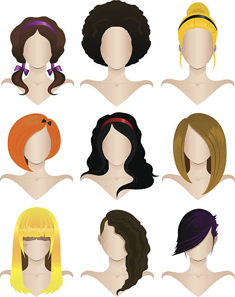 Set of female hairstyles Vector illustration of a set of nine women's hairstyles short weave hairstyles stock illustrations