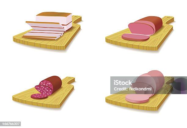 Set Di Prodotti A Base Di Carne Sul Tagliere - Immagini vettoriali stock e altre immagini di Salame - Salame, Tavola di legno, Bianco