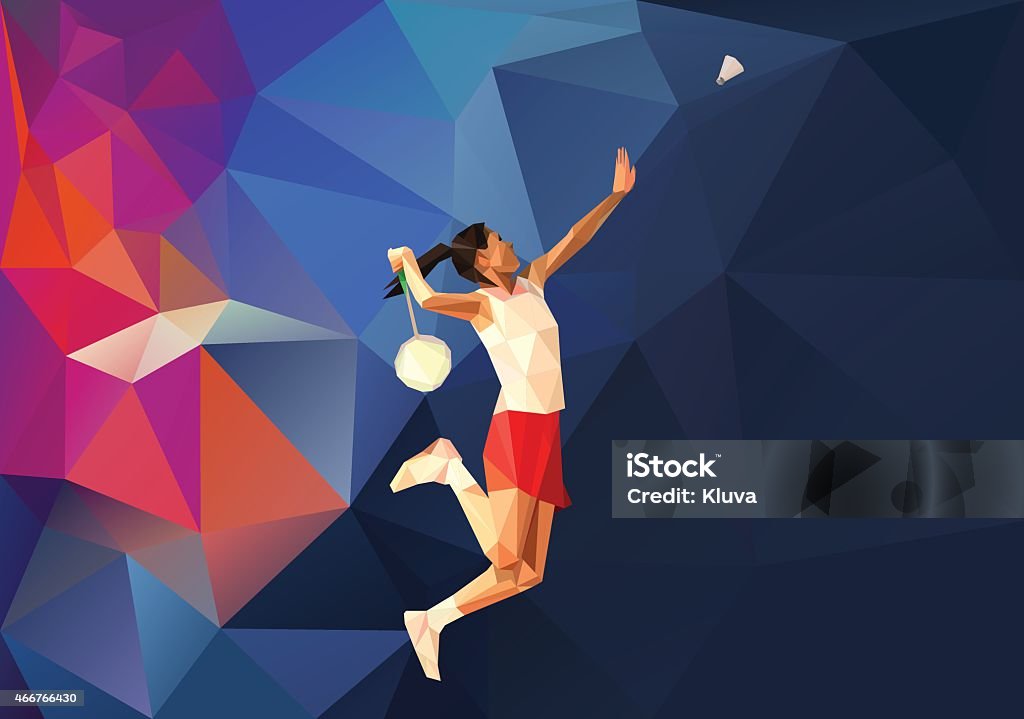 Polygonal professional female badminton player Polygonal professional female badminton player on colorful low poly background doing smash shot with space for flyer, poster, web, leaflet, magazine. Vector illustration Badminton - Sport stock vector